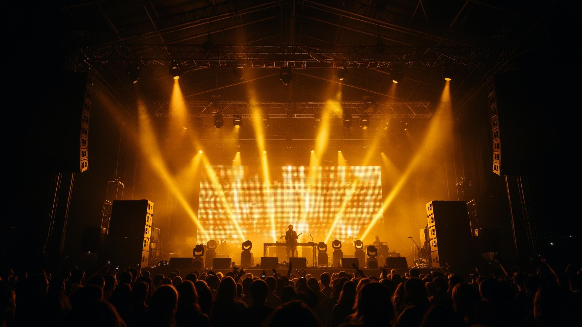 Escenario de evento con iluminación dorada